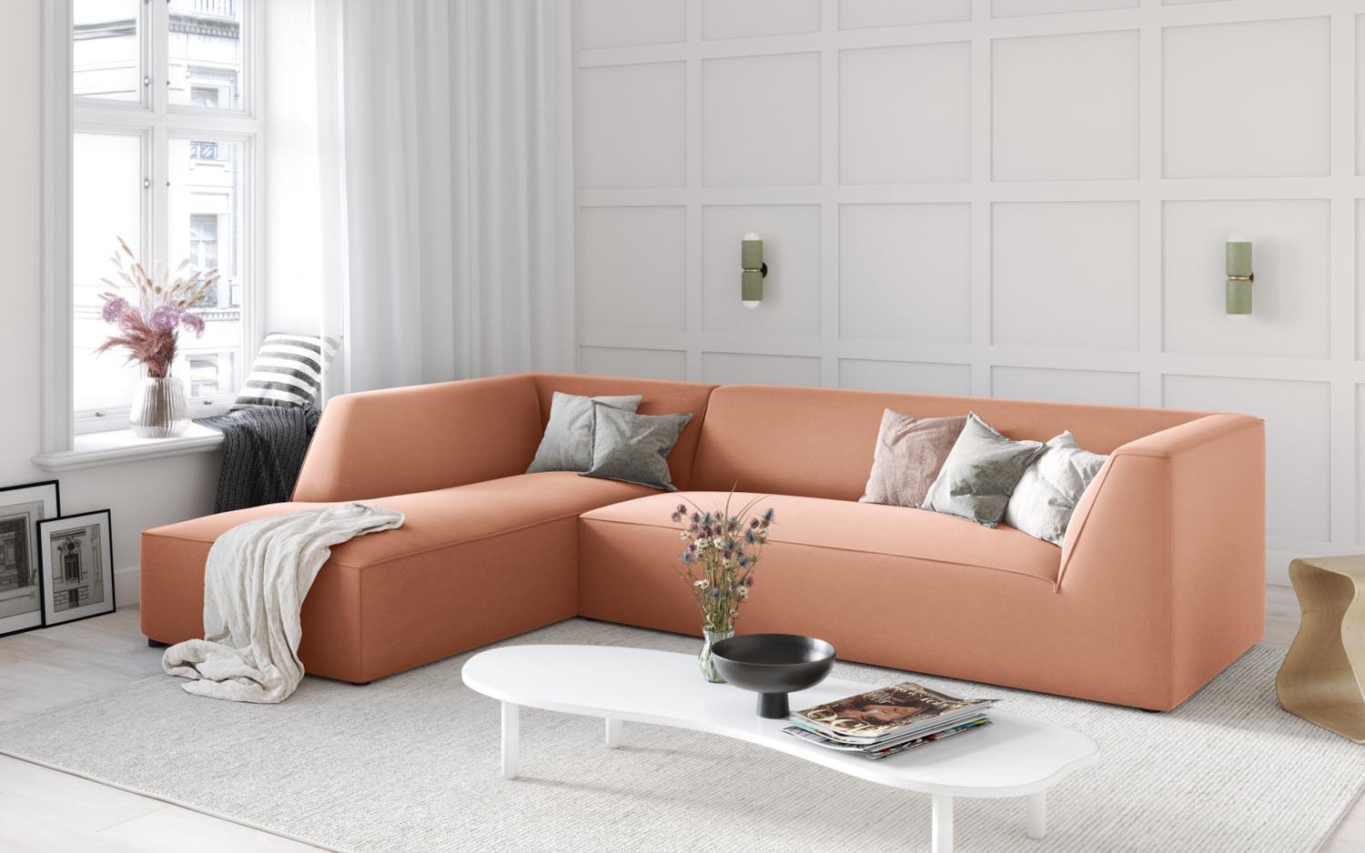 Ruby Velour modulares Ecksofa links 4 Sitzer in Pink präsentiert im Onlineshop von KAQTU Design AG. Ecksofa links ist von Micadoni