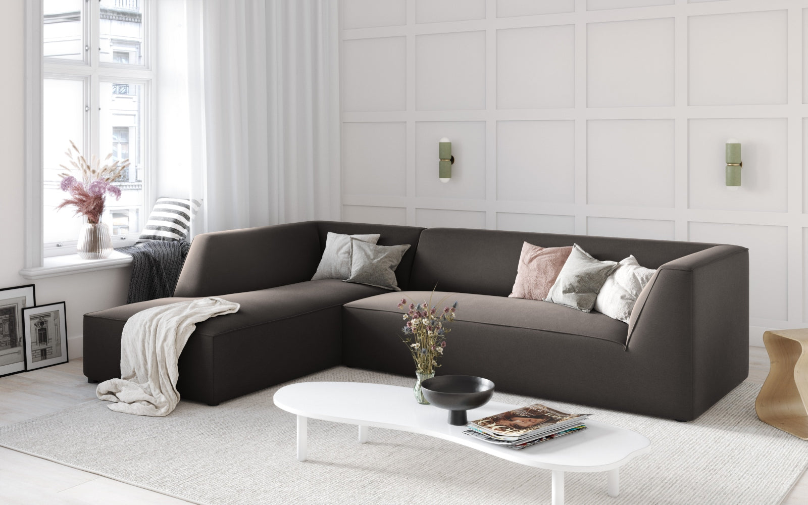 Ruby Velour modulares Ecksofa links 4 Sitzer in Dark Grey präsentiert im Onlineshop von KAQTU Design AG. Ecksofa links ist von Micadoni