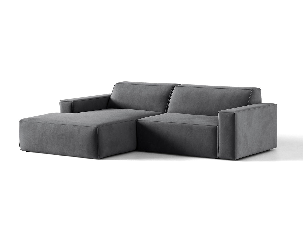Modulares Ecksofa links Jodie mit Meridienne, Stoffbezug und schwarzen Beinen