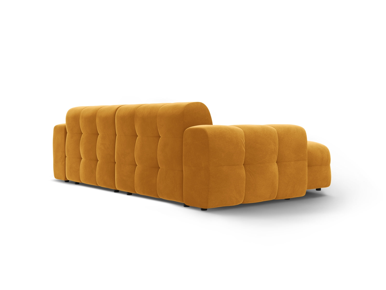 Elegantes Kendal Velour Ecksofa in sanftem Senfgelb, linksseitig, ideal für stilvolle Wohnräume. 4-Sitzer von Micadoni.
