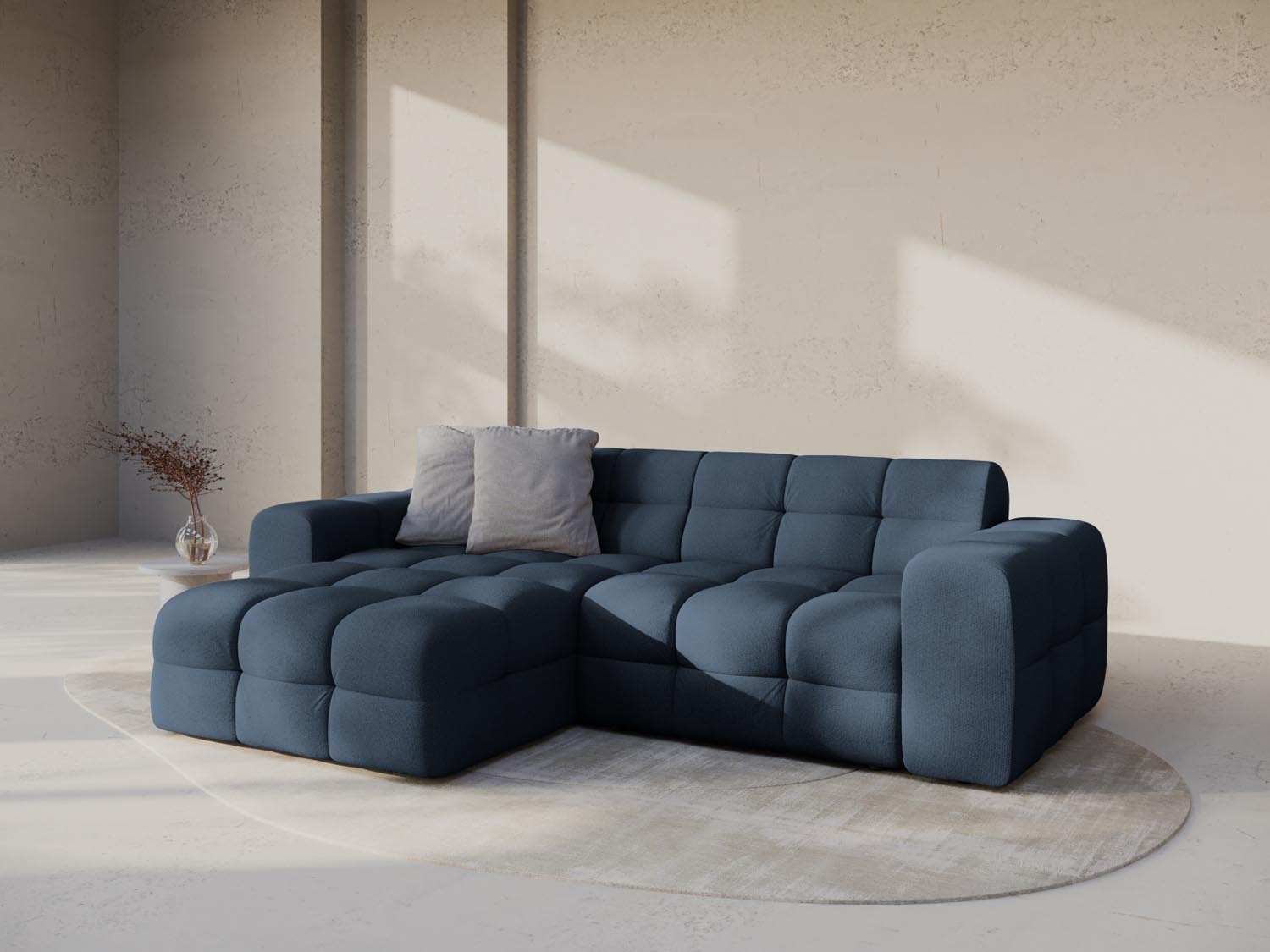 Elegantes Kendal Ecksofa links in Navy Blue, ideal für stilvolle Wohnräume. Komfortables 4-Sitzer Design von Micadoni.