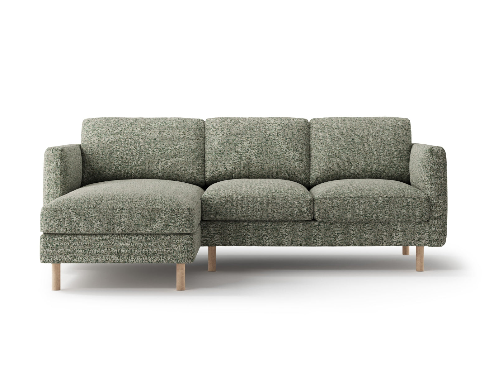 Elegantes 3-Sitzer Ecksofa Eden in sanftem Moosgrün, ideal für gemütliche Abende und stilvolle Einrichtungsideen.