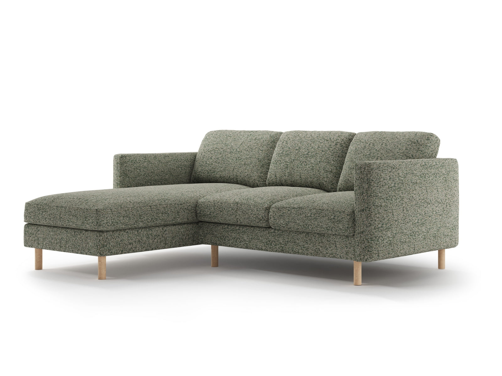 Modernes L-Sofa Eden in sanftem Moosgrün, bietet Platz für drei Personen und verleiht jedem Raum eine stilvolle Note.