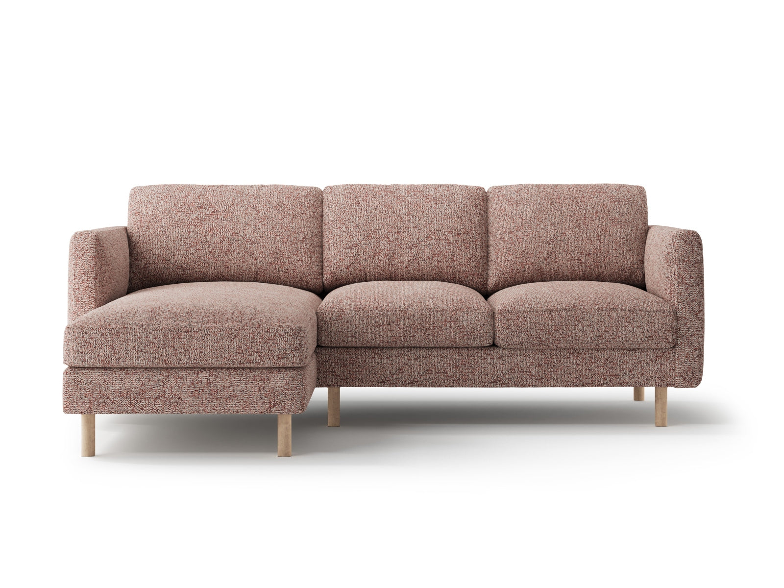 Modernes L-Sofa in zartem Rosa, linksseitig, ideal für gemütliche Wohnzimmer und stilvolle Einrichtung. Bequem und ansprechend.