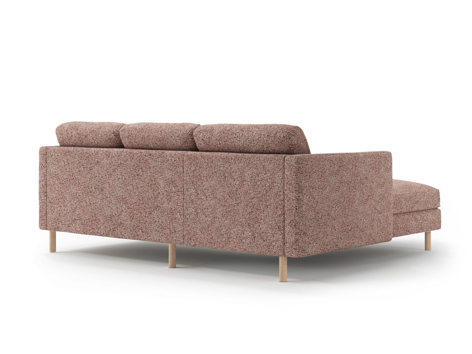 Modernes L-Sofa in zartem Rosé, ideal für gemütliche Wohnzimmergestaltung und entspannte Stunden mit Familie und Freunden.