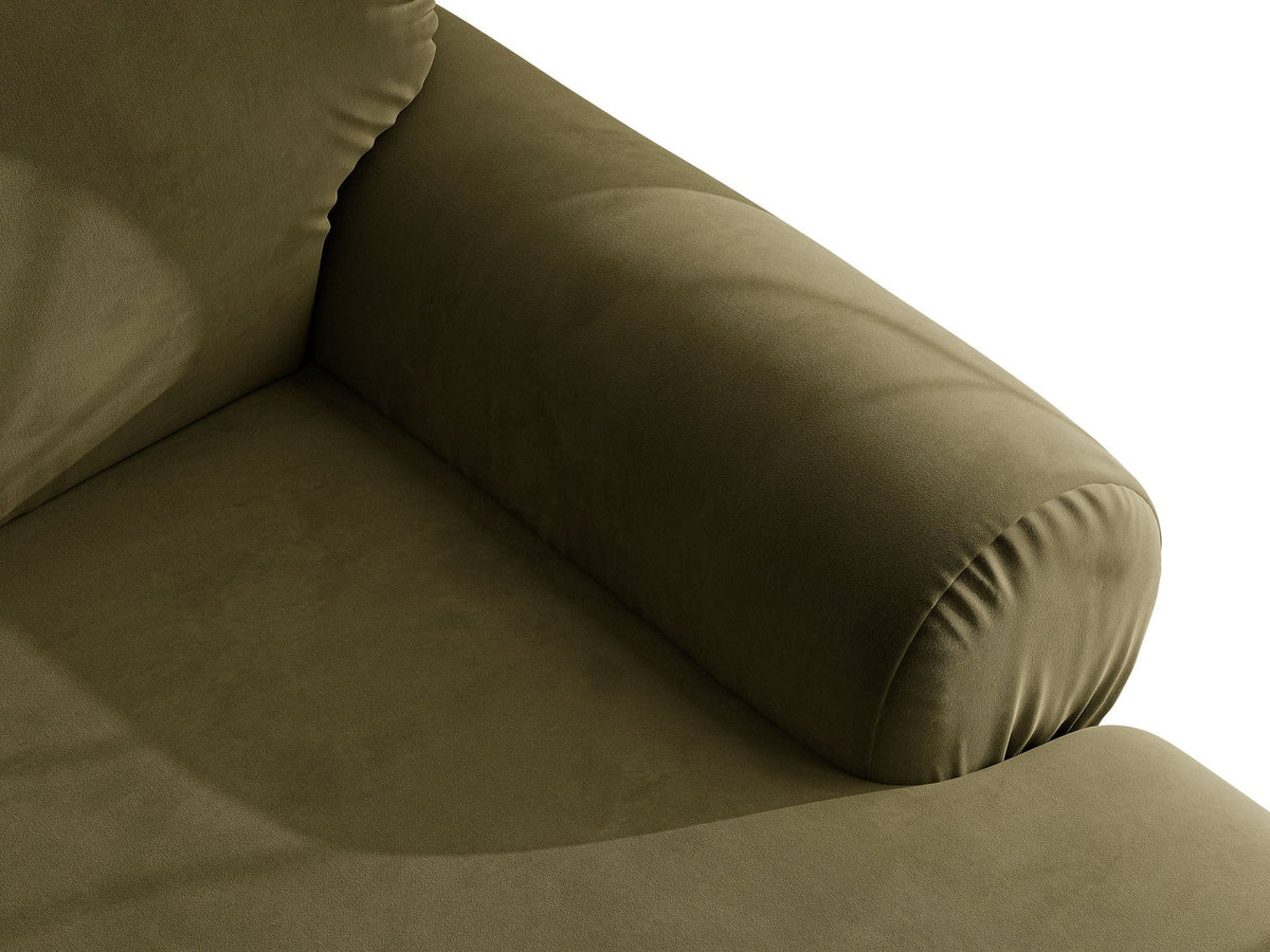 Beiges L-förmiges Ecksofa Ophelia von Micadoni mit Liberty-Stoffbezug, schwarzen Kunststoffbeinen und niedriger Rückenlehne, seitliche Ansicht.
