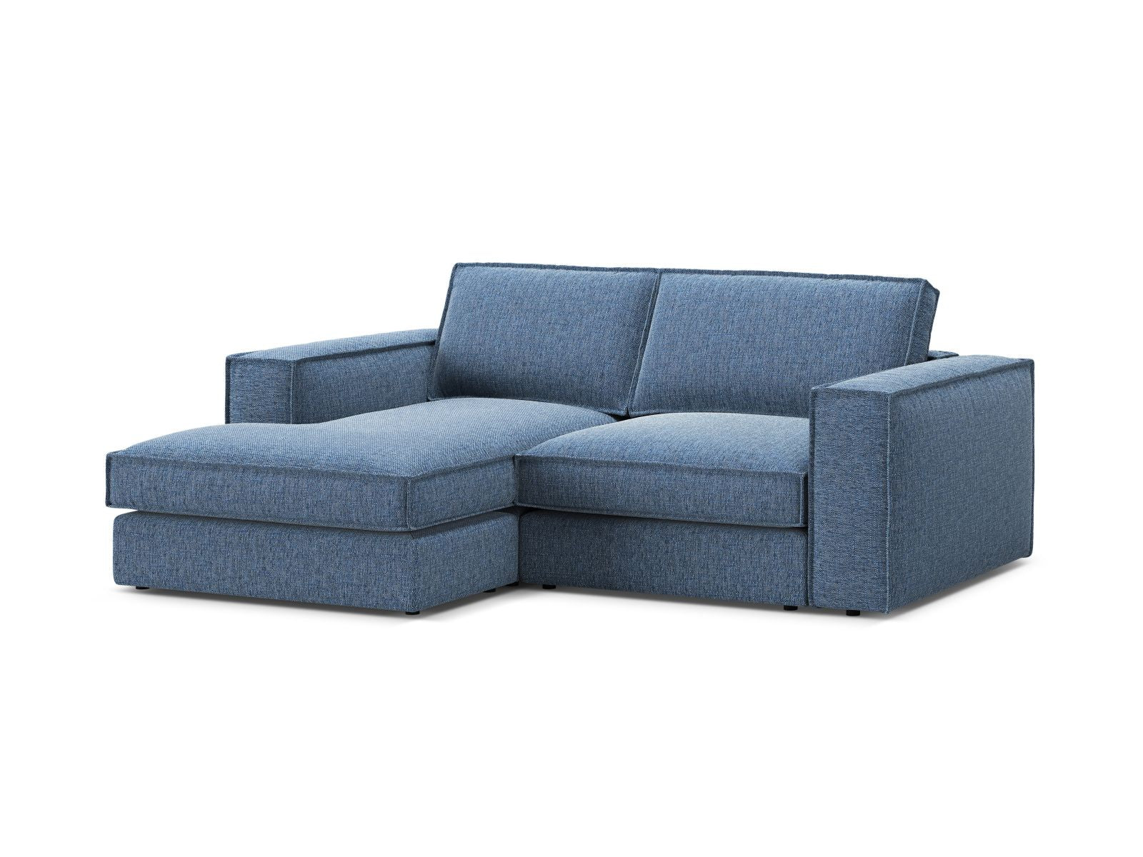 Elegantes 2-Sitzer Ecksofa links Pola in trendigem Blau, ideal für stilvolle Wohnräume und entspannte Stunden, erhältlich bei Micadoni.