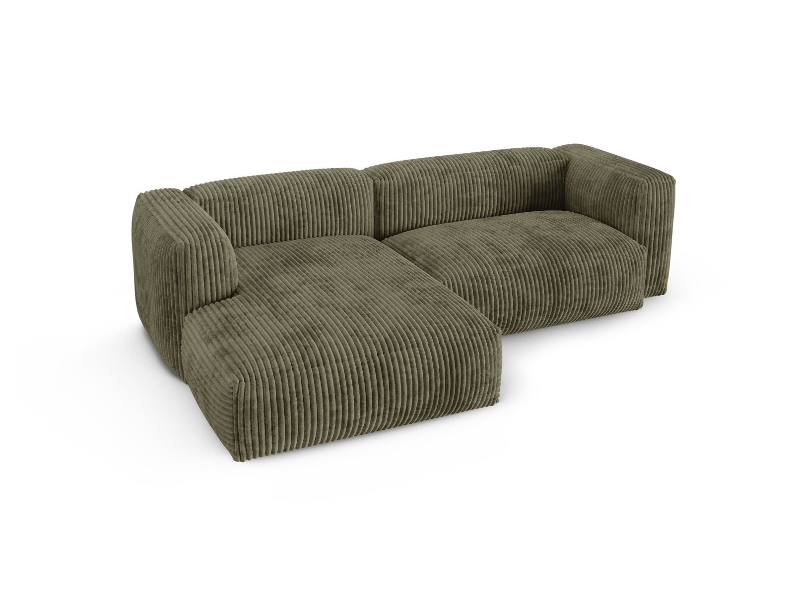 Elegantes XL 2-Sitzer Ecksofa links Martina in trendigem Moss Green-Tilia, ideal für stilvolle und einladende Wohnräume.