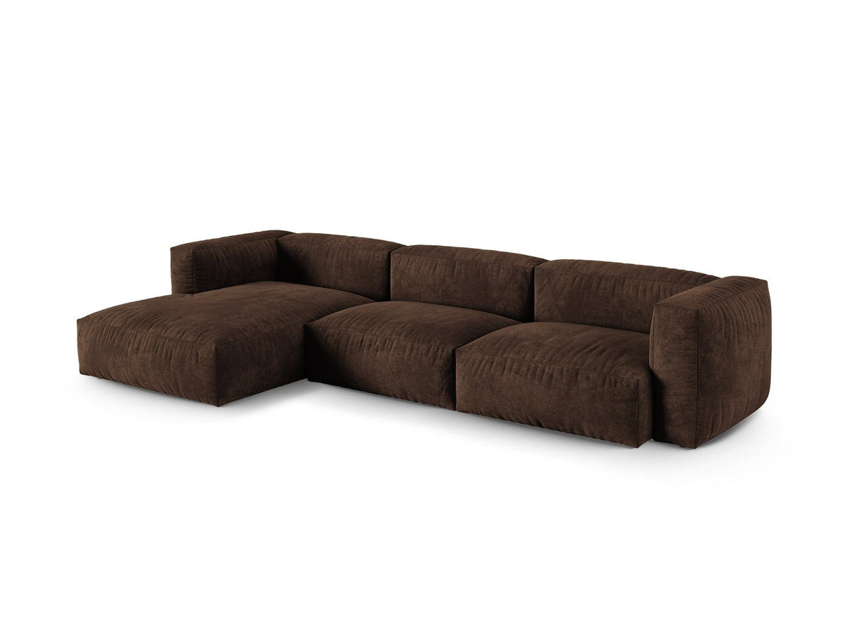 Ecksofa links Martina XL von Micadoni in Schokolade, Veloursstoff Vogue, Beine aus Polypropylen, Grösse 330x176x75 cm.