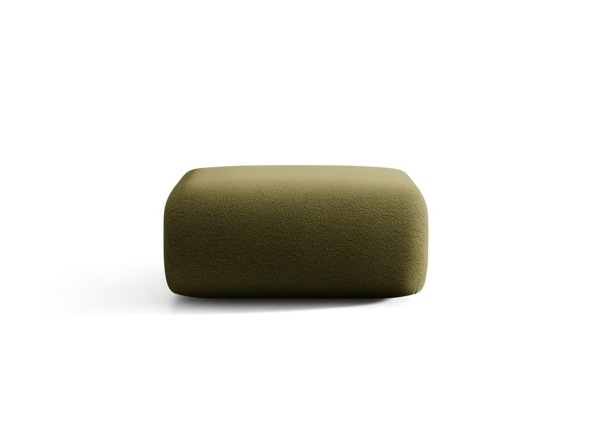 Pouf Neo von Micadoni in dunklem Olivgrün mit Bouclé-Stoffbezug und niedrigen Beinen aus Polypropylen, quadratische Sitzform.