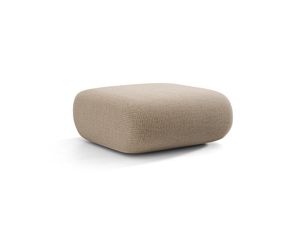 Pouf Neo von Micadoni in dunklem Olivgrün mit Bouclé-Stoffbezug und niedrigen Beinen aus Polypropylen, quadratische Sitzform.