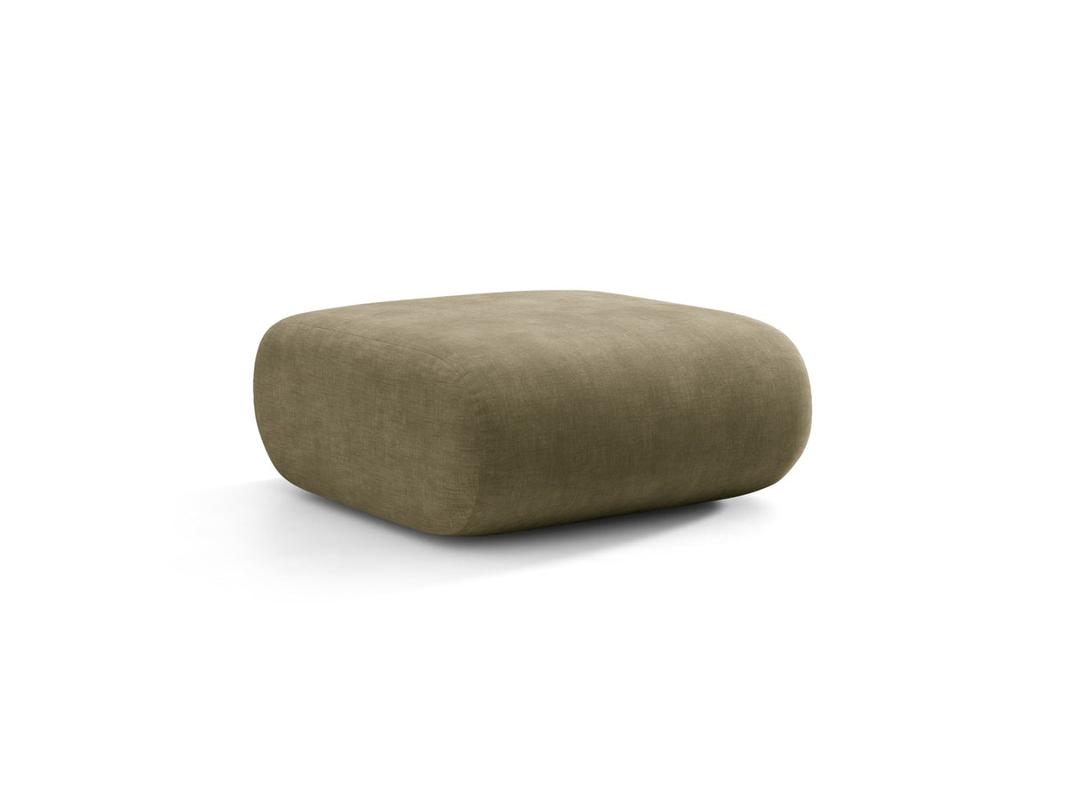 Pouf Neo von Micadoni in dunklem Olivgrün mit Bouclé-Stoffbezug und niedrigen Beinen aus Polypropylen, quadratische Sitzform.
