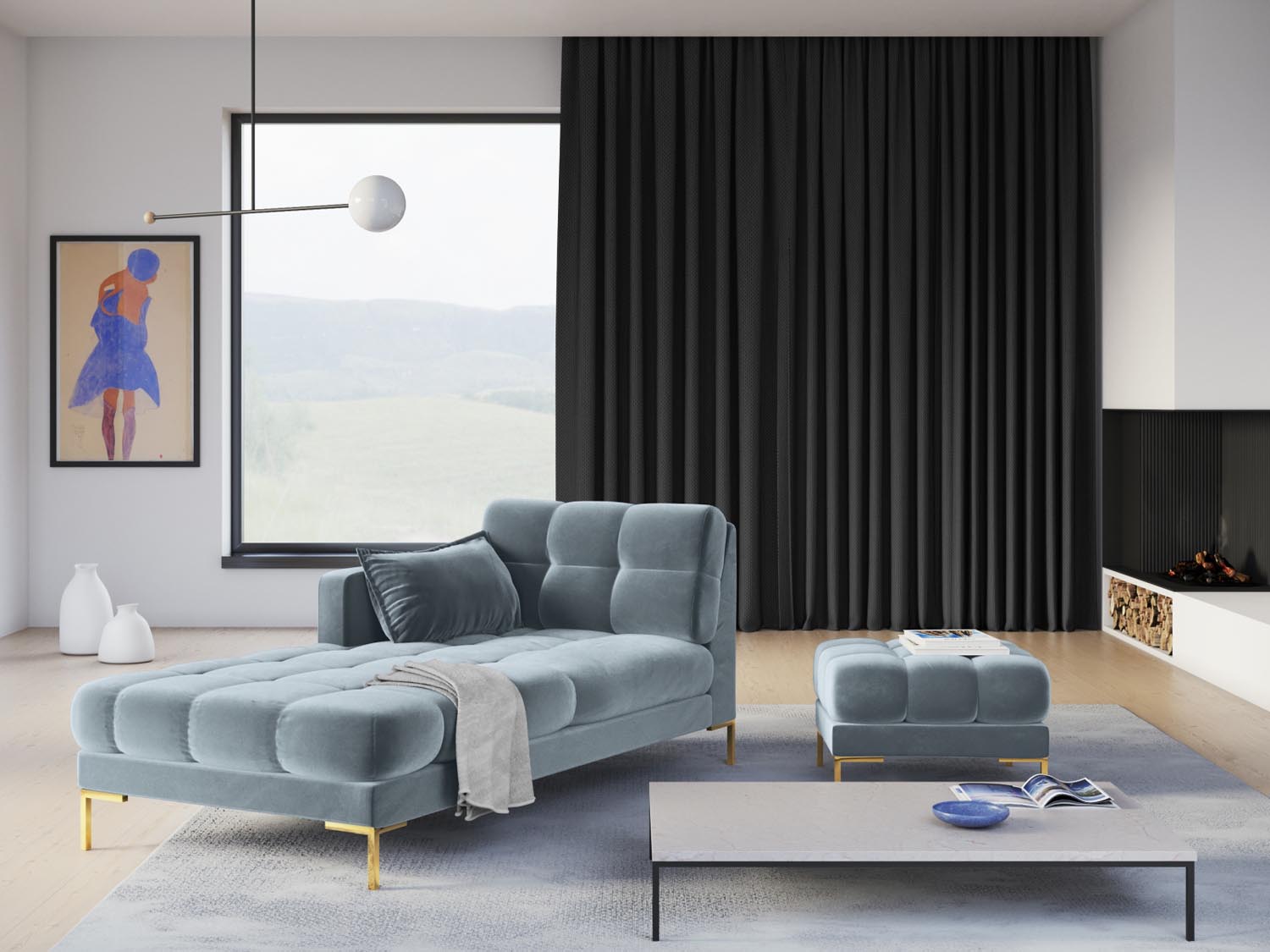 Mamaia Velour Pouf 1 Sitz in Light Blue/Gold präsentiert im Onlineshop von KAQTU Design AG. Pouf ist von Micadoni