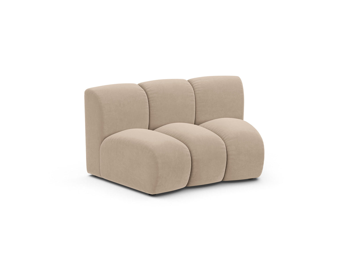 Armloses Sofamodul Lupine von Micadoni in leichtem Beige mit Samtbezug Venus, schwarzen Kunststoffbeinen und gepolsterter Rückenlehne.
