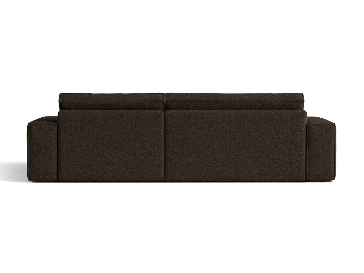 Braunes Ecksofa Jodie von Micadoni mit Bouclé-Stoffbezug, schwarzen Kunststoffbeinen und ausklappbarem Bettkasten, linke Ausrichtung.