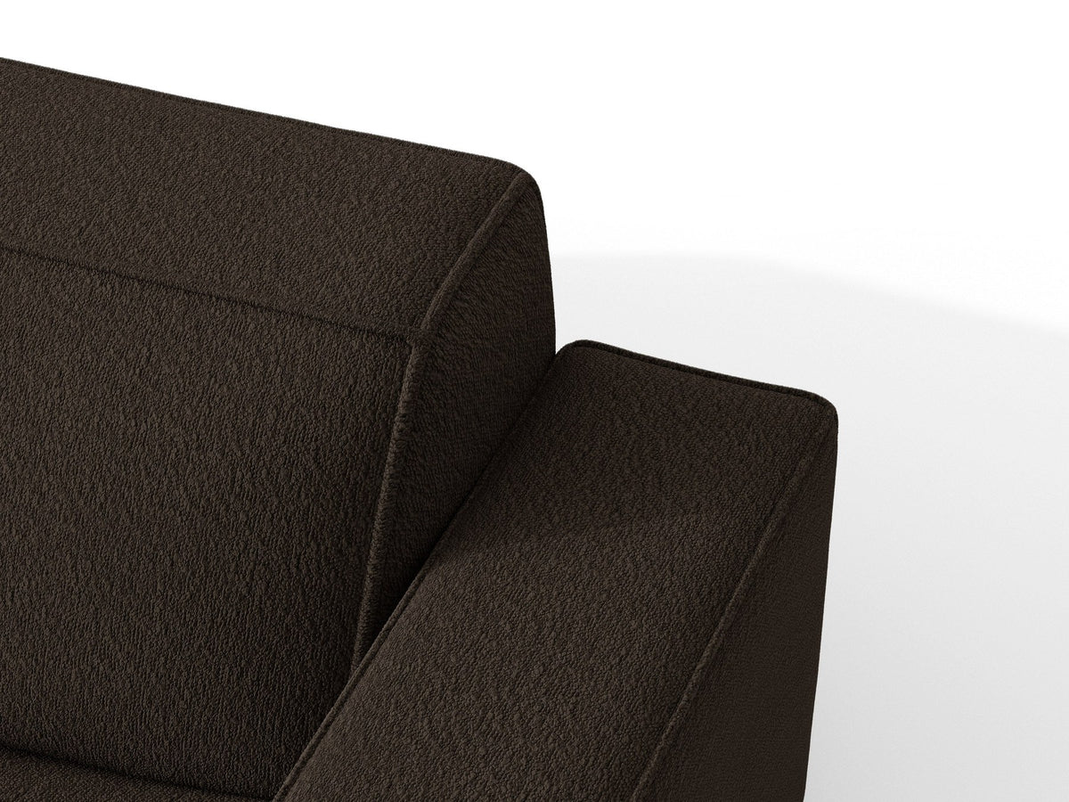 Braunes Ecksofa Jodie von Micadoni mit Bouclé-Stoffbezug, schwarzen Kunststoffbeinen und ausklappbarem Bettkasten, linke Ausrichtung.