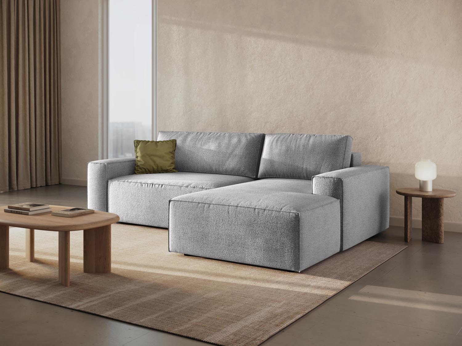 Jodie Boucle Ecksofa rechts mit Schlaffunktion und Stauraumbox 3 Sitzer in Light Grey präsentiert im Onlineshop von KAQTU Design AG. Ecksofa rechts ist von Micadoni