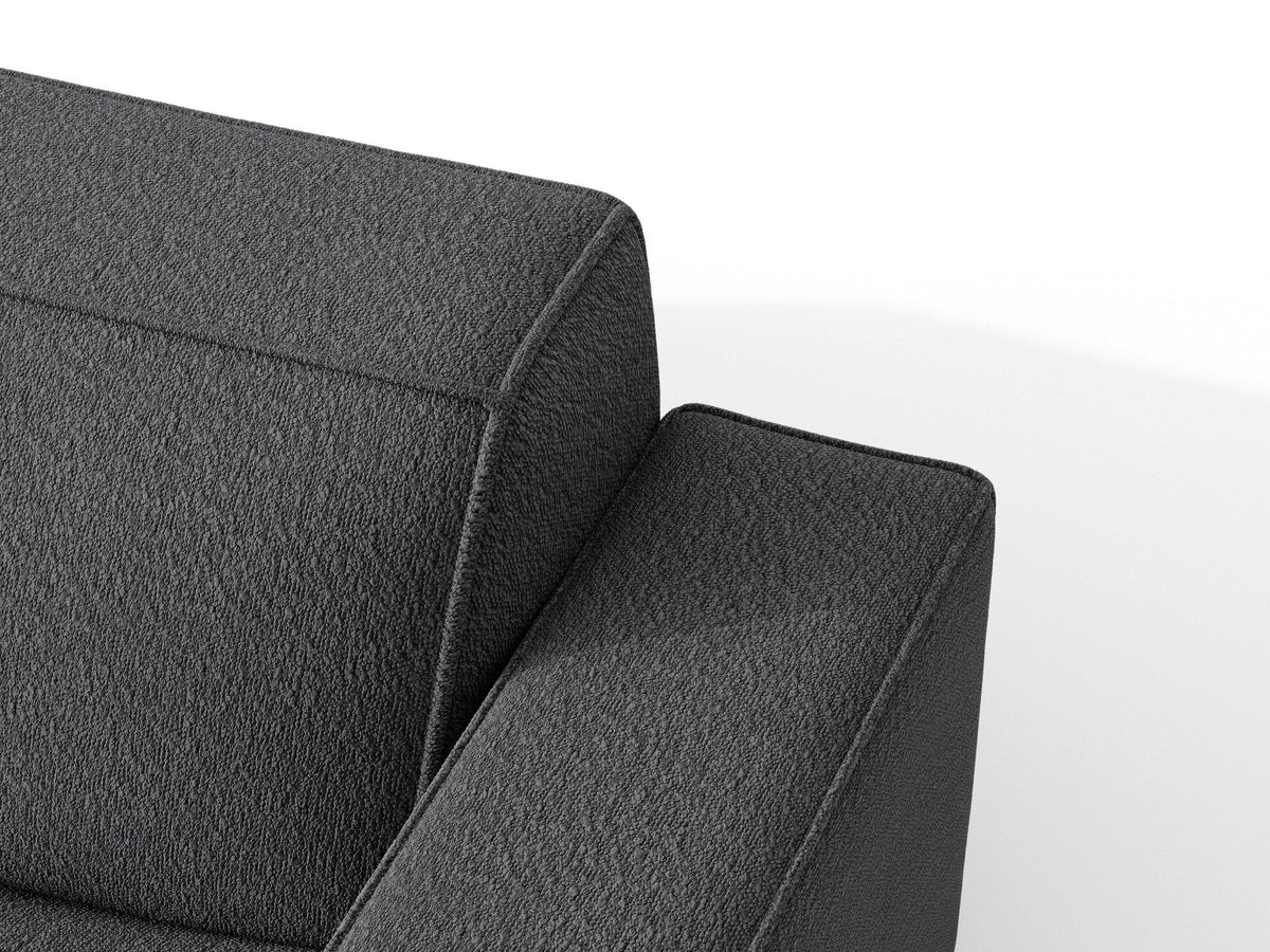 Braunes Ecksofa Jodie von Micadoni mit Bouclé-Stoffbezug, schwarzen Kunststoffbeinen und ausklappbarem Bettkasten, linke Ausrichtung.