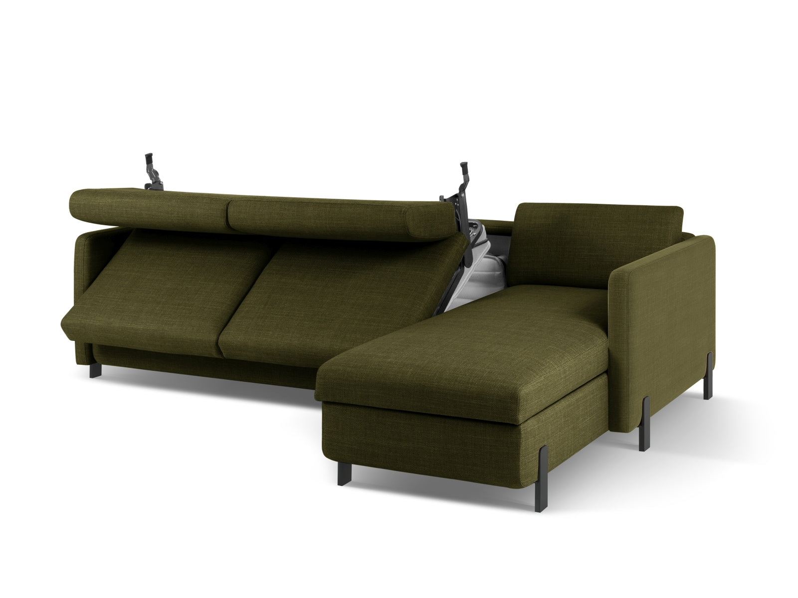 Modernes 5-Sitzer Ecksofa Gloria in ansprechendem Grün, ausgestattet mit Schlaffunktion und praktischem Stauraum für zusätzlichen Komfort.