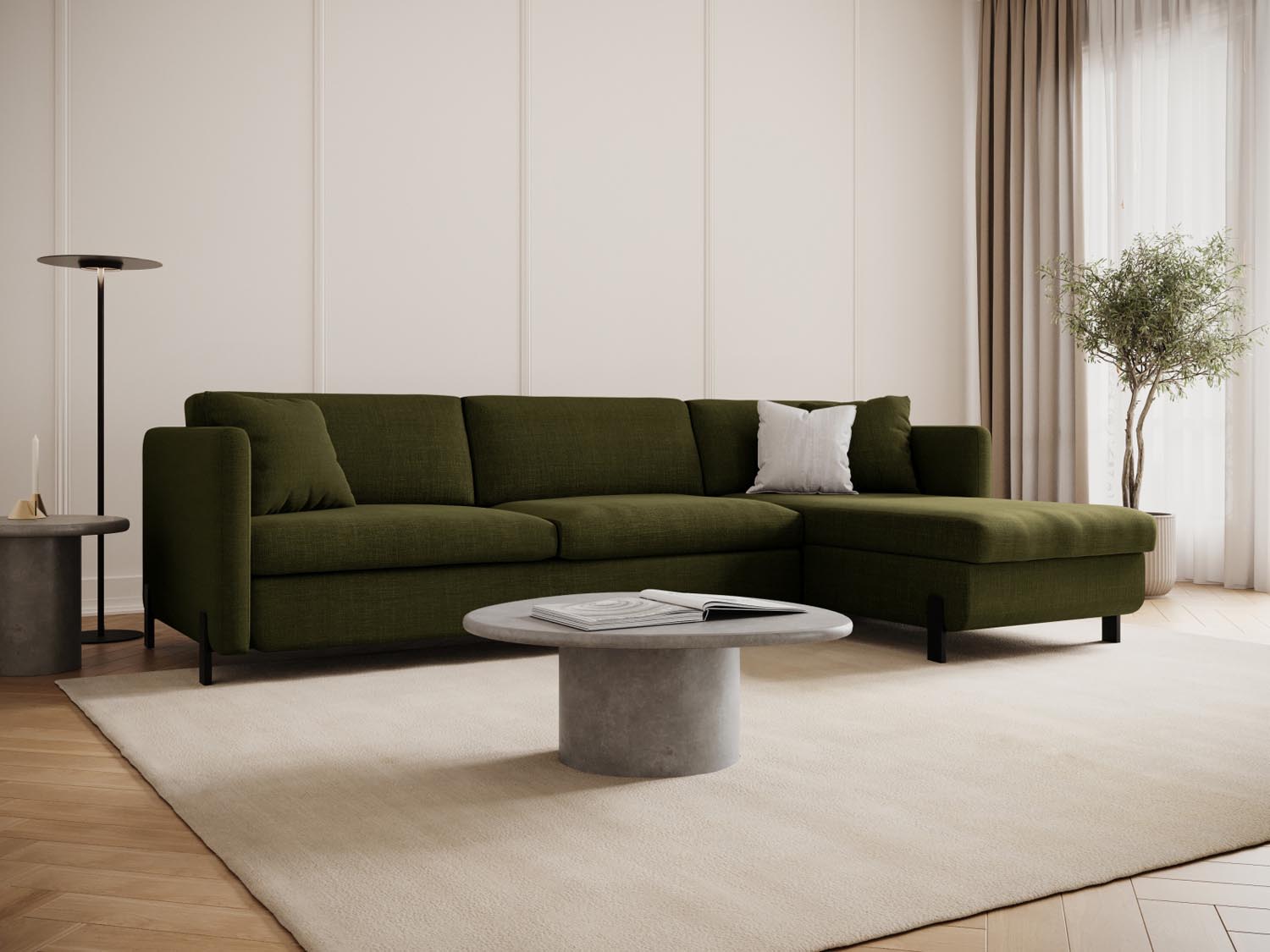 Elegantes Gloria Ecksofa in Grün mit Schlaffunktion und Stauraum, ideal für stilvolle Wohnräume und entspannte Nächte.