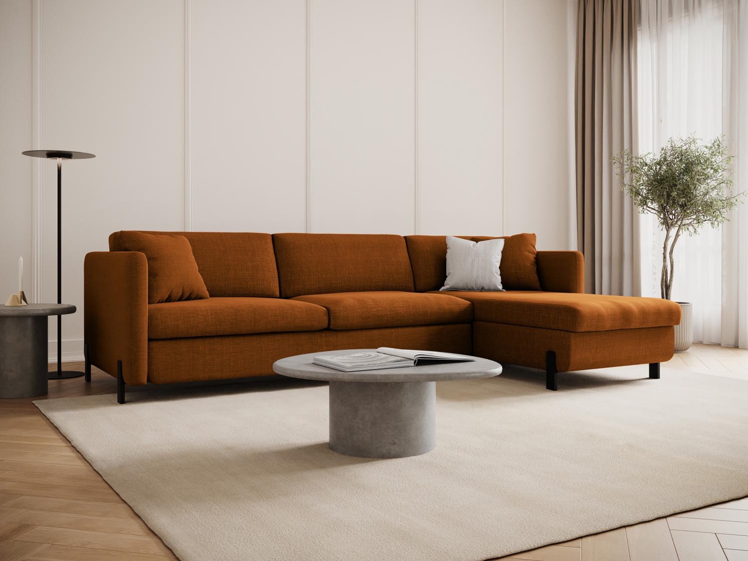 Stylisches Gloria Ecksofa rechts mit Schlaffunktion und Stauraum, ideal für moderne Wohnräume. Komfortables 5-Sitzer Design in Brick-Bjorn.