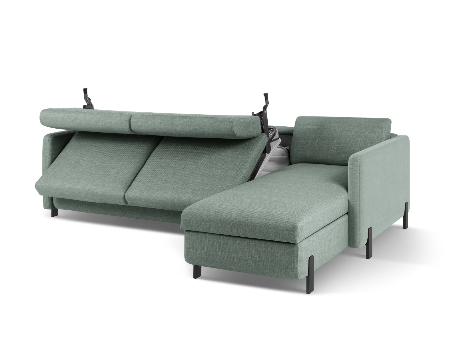 Stylisches Ecksofa Gloria in sanftem Mintgrün, ideal für Wohnräume, bietet Schlafgelegenheit und Stauraum für zusätzlichen Komfort.