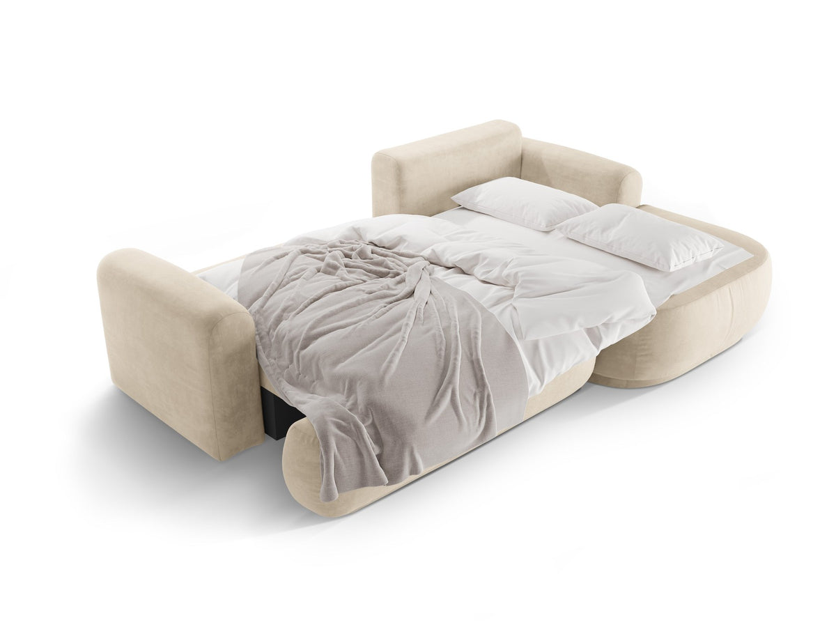 Ecksofa in Leichtes Beige mit Veloursbezug, ausgeklappter Bettfunktion, Stauraumfach und schwarzen Kunststoffbeinen von Micadoni.