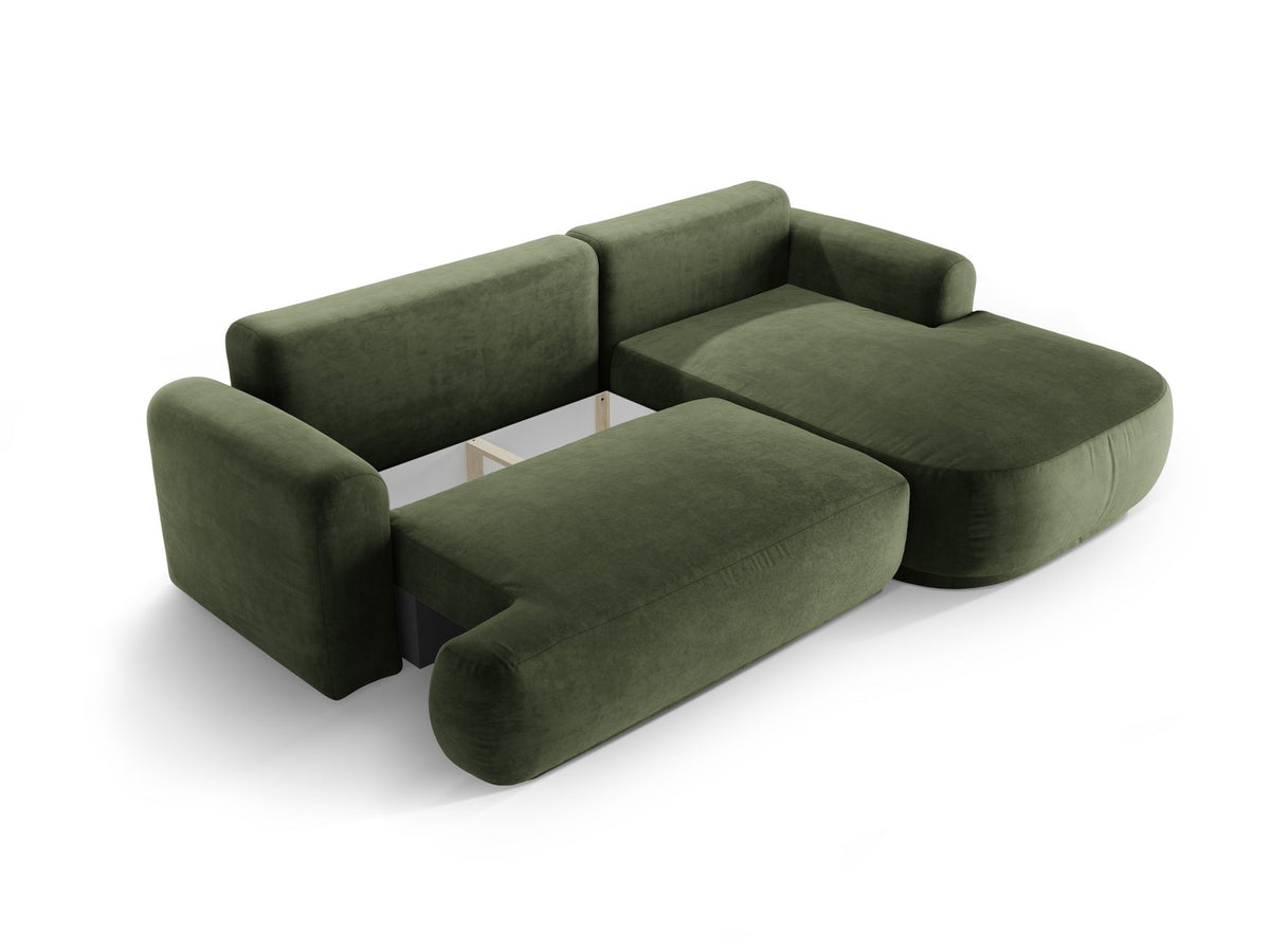 Ecksofa in Leichtes Beige mit Veloursbezug, ausgeklappter Bettfunktion, Stauraumfach und schwarzen Kunststoffbeinen von Micadoni.