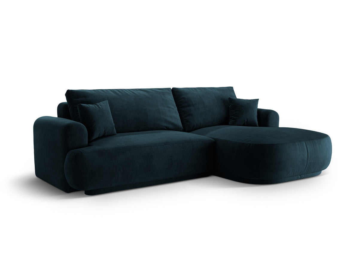 Ecksofa in Leichtes Beige mit Veloursbezug, ausgeklappter Bettfunktion, Stauraumfach und schwarzen Kunststoffbeinen von Micadoni.