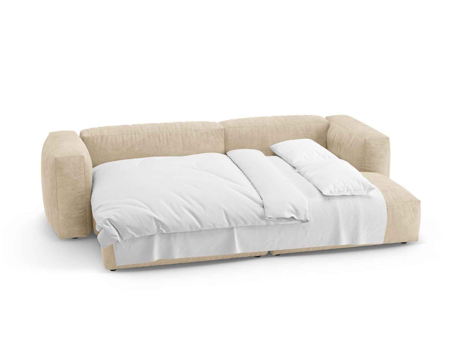 Beige 4-Sitzer Ecksofa Martina mit Schlaffunktion, perfekt für gemütliche Abende und als Schlafgelegenheit für Übernachtungsgäste.