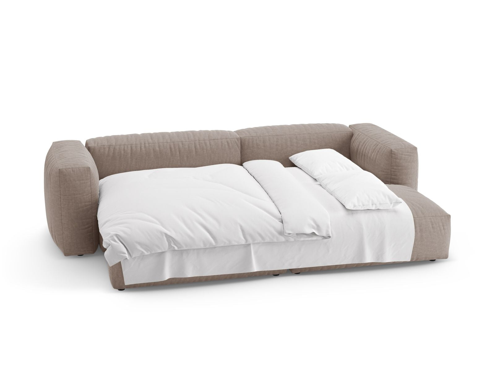 Modernes 4-Sitzer Ecksofa Martina in edlem Dunkelbeige, perfekt für Wohnräume und als komfortable Schlaflösung für Übernachtungsgäste.