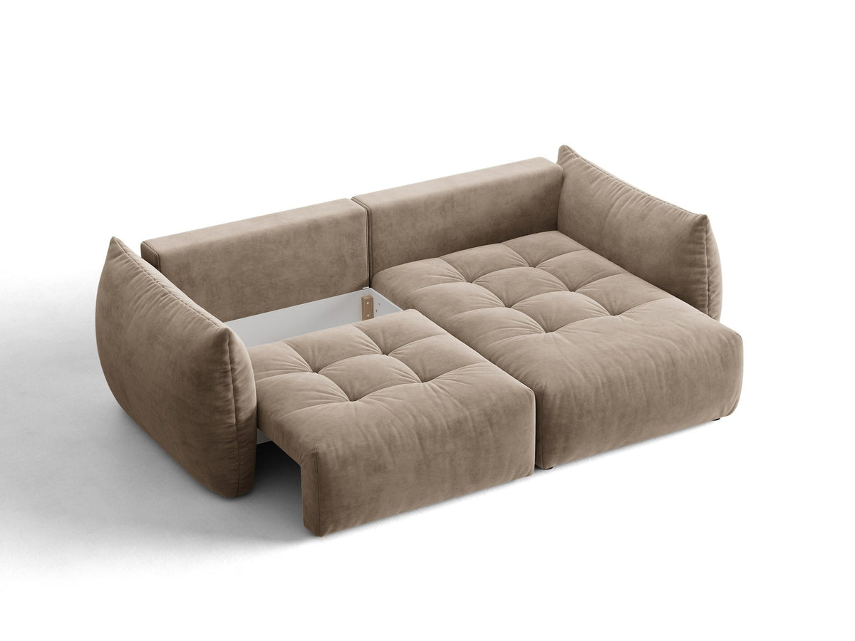 Ecksofa Bloom mit Schlaffunktion von Micadoni in Sand, Bettsofa rechts mit Casino-Veloursbezug und schwarzen Kunststoffbeinen.