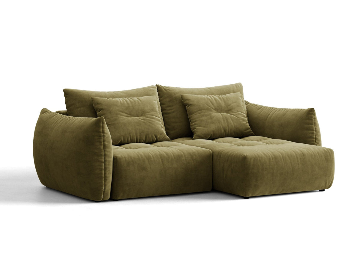 Ecksofa Bloom mit Schlaffunktion von Micadoni in Sand, Bettsofa rechts mit Casino-Veloursbezug und schwarzen Kunststoffbeinen.