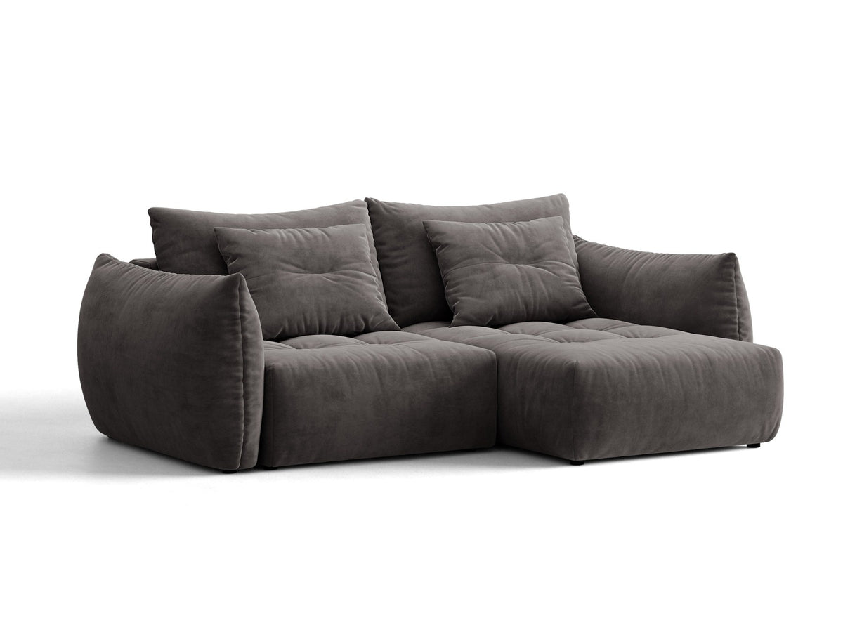 Ecksofa Bloom mit Schlaffunktion von Micadoni in Sand, Bettsofa rechts mit Casino-Veloursbezug und schwarzen Kunststoffbeinen.
