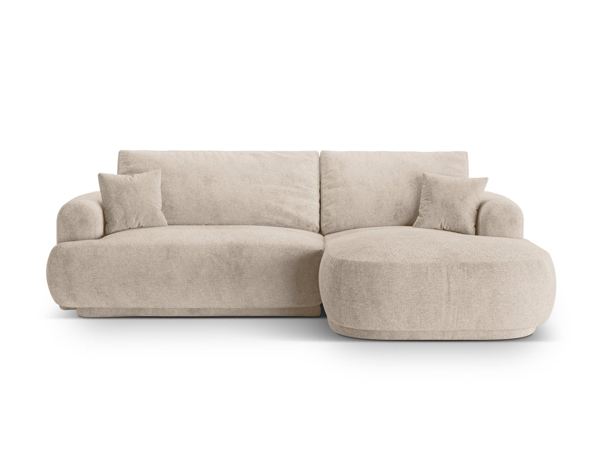 Ecksofa in Leichtes Beige mit Veloursbezug, ausgeklappter Bettfunktion, Stauraumfach und schwarzen Kunststoffbeinen von Micadoni.