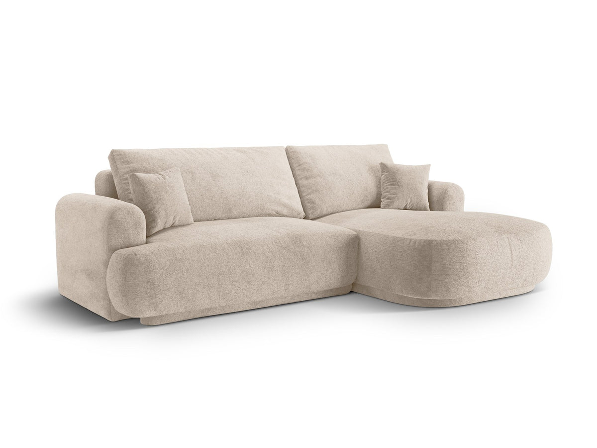 Ecksofa in Leichtes Beige mit Veloursbezug, ausgeklappter Bettfunktion, Stauraumfach und schwarzen Kunststoffbeinen von Micadoni.