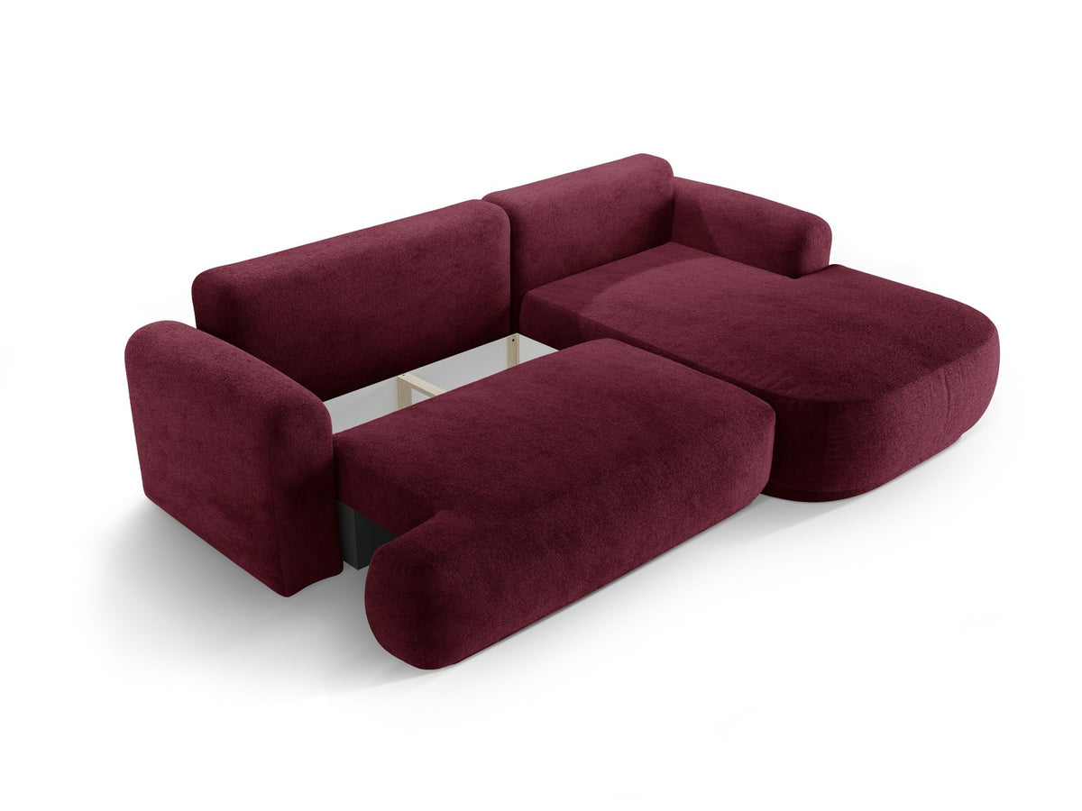 Ecksofa in Leichtes Beige mit Veloursbezug, ausgeklappter Bettfunktion, Stauraumfach und schwarzen Kunststoffbeinen von Micadoni.