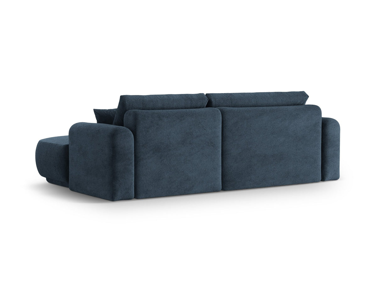 Ecksofa in Leichtes Beige mit Veloursbezug, ausgeklappter Bettfunktion, Stauraumfach und schwarzen Kunststoffbeinen von Micadoni.