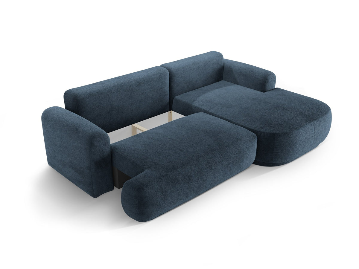 Ecksofa in Leichtes Beige mit Veloursbezug, ausgeklappter Bettfunktion, Stauraumfach und schwarzen Kunststoffbeinen von Micadoni.