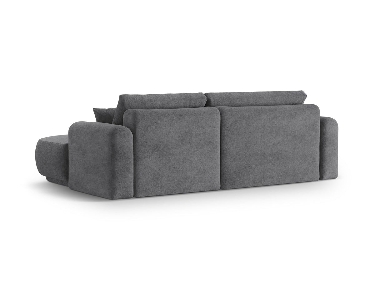 Ecksofa in Leichtes Beige mit Veloursbezug, ausgeklappter Bettfunktion, Stauraumfach und schwarzen Kunststoffbeinen von Micadoni.