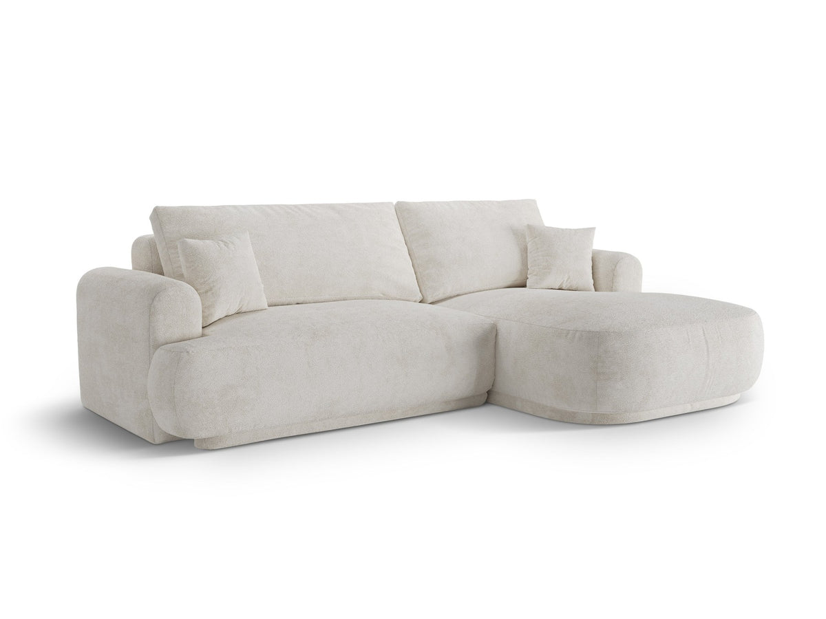 Ecksofa in Leichtes Beige mit Veloursbezug, ausgeklappter Bettfunktion, Stauraumfach und schwarzen Kunststoffbeinen von Micadoni.