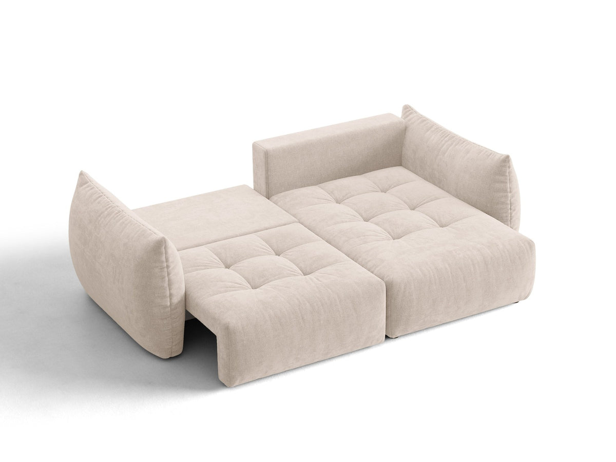 Ecksofa Bloom mit Schlaffunktion von Micadoni in Sand, Bettsofa rechts mit Casino-Veloursbezug und schwarzen Kunststoffbeinen.