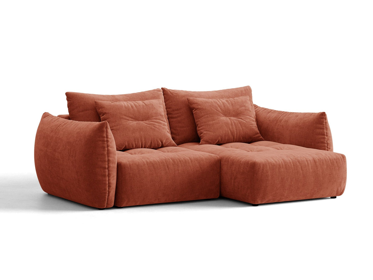 Ecksofa Bloom mit Schlaffunktion von Micadoni in Sand, Bettsofa rechts mit Casino-Veloursbezug und schwarzen Kunststoffbeinen.