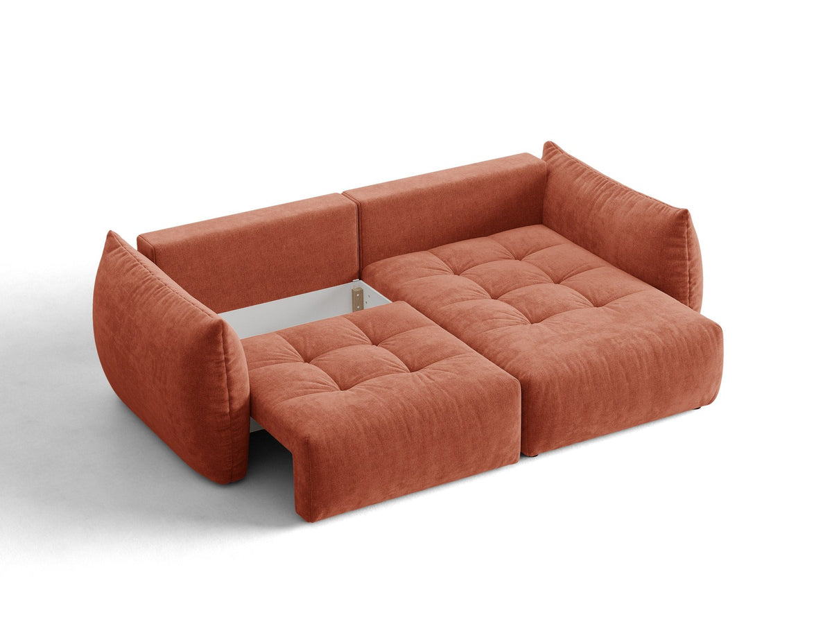 Ecksofa Bloom mit Schlaffunktion von Micadoni in Sand, Bettsofa rechts mit Casino-Veloursbezug und schwarzen Kunststoffbeinen.