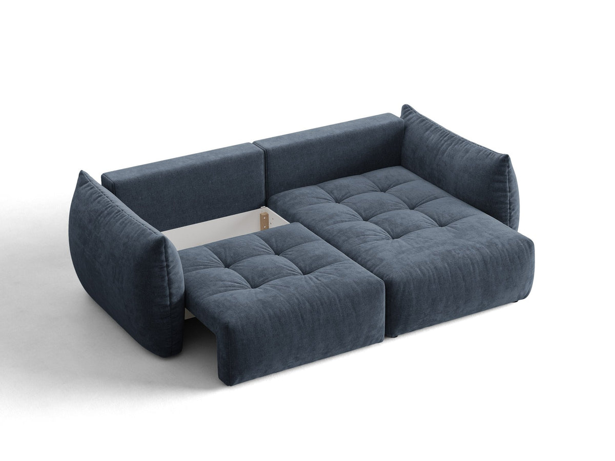 Ecksofa Bloom mit Schlaffunktion von Micadoni in Sand, Bettsofa rechts mit Casino-Veloursbezug und schwarzen Kunststoffbeinen.