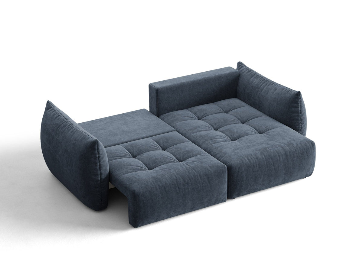 Ecksofa Bloom mit Schlaffunktion von Micadoni in Sand, Bettsofa rechts mit Casino-Veloursbezug und schwarzen Kunststoffbeinen.