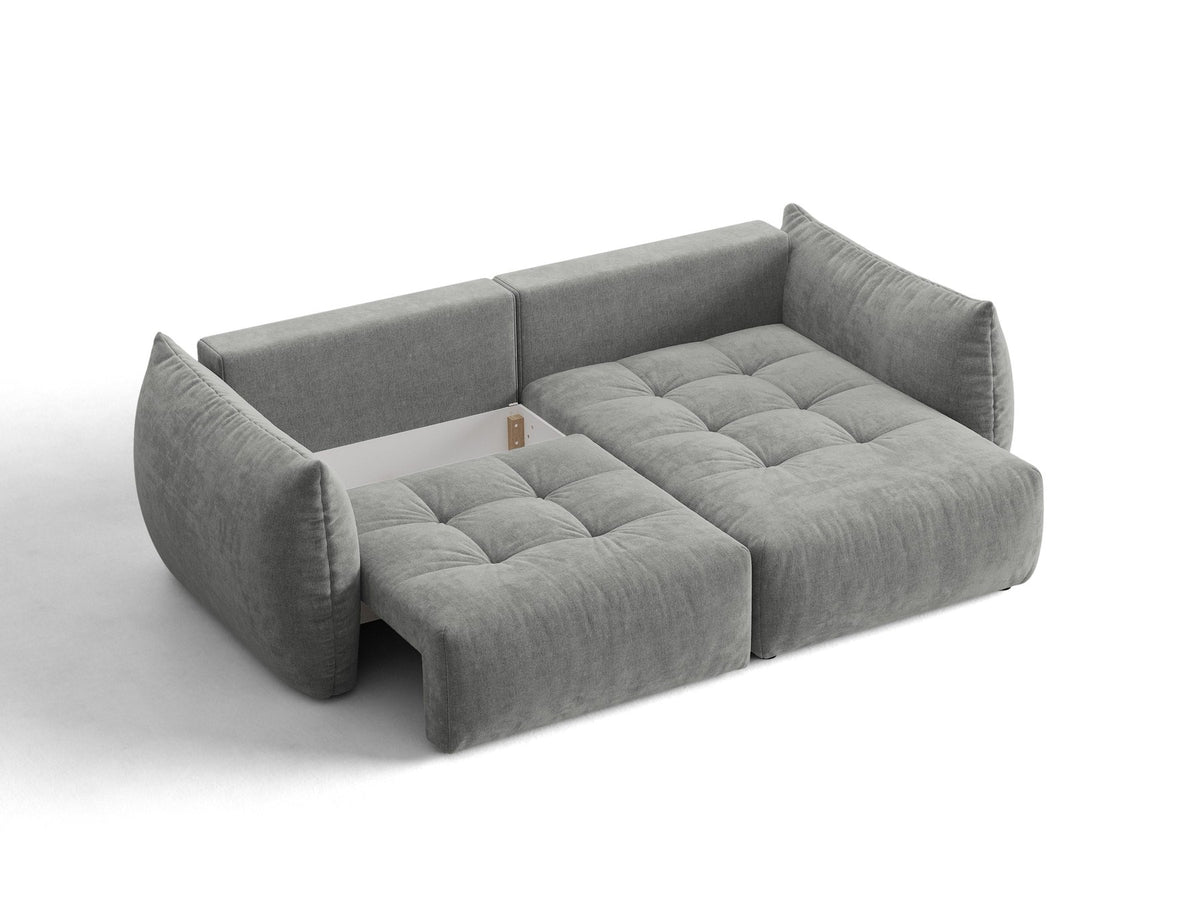 Ecksofa Bloom mit Schlaffunktion von Micadoni in Sand, Bettsofa rechts mit Casino-Veloursbezug und schwarzen Kunststoffbeinen.