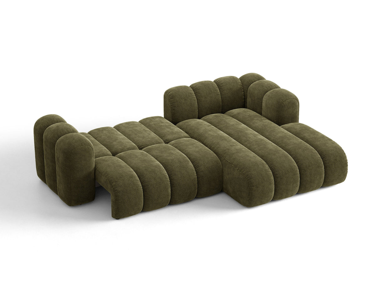 Beiges Ecksofa Lupine von Micadoni mit rechter Ausrichtung, Stoffbezug Eden Pearl, schwarzen Kunststoffbeinen und integriertem Bettkasten.