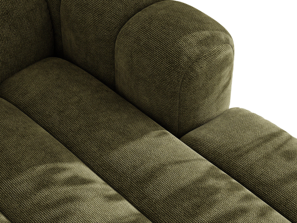 Beiges Ecksofa Lupine von Micadoni mit rechter Ausrichtung, Stoffbezug Eden Pearl, schwarzen Kunststoffbeinen und integriertem Bettkasten.