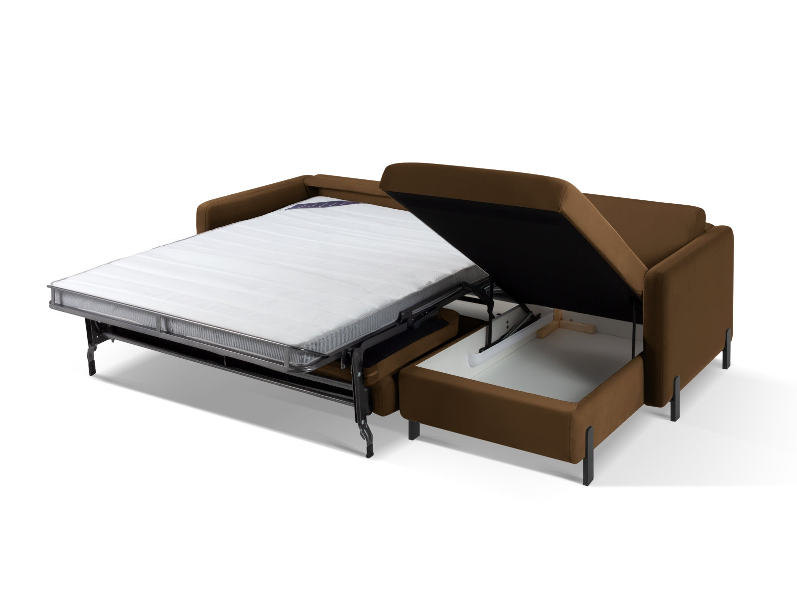 Stylisches braunes Velours Ecksofa Gloria, 5-Sitzer mit Schlaffunktion und integriertem Stauraum, ideal für modernes Wohnen.